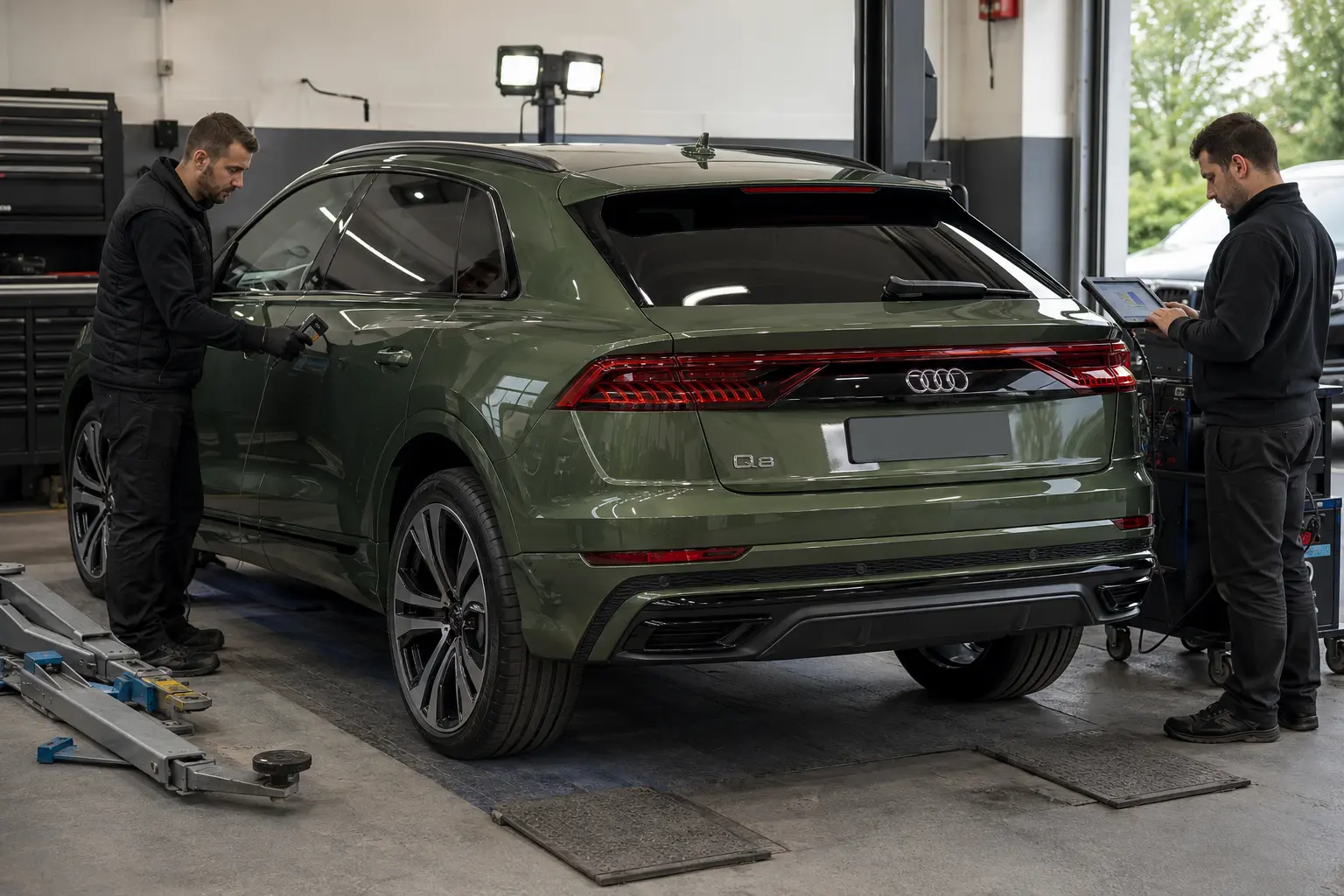 District Green Audi Q8 receiving paint-depth and diagnostic checks before purchase